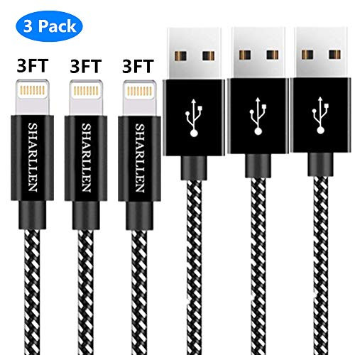 Sharllen MFi Certified iPhone Charging Cable 3 Pack 3FT Nylon Braided Fast USB Charging&Syncing Cord Cell-Phone Charging Cable Compatible iPhone Charger XS/Max/XR/X/8P/8/7/7P/6/iPad/iPod White Black