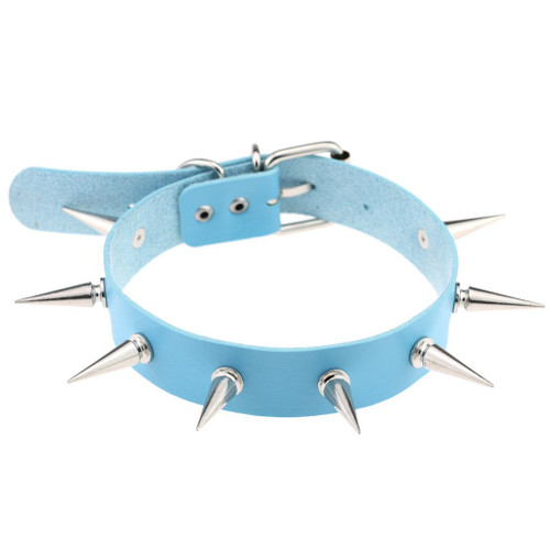 FM FM42 Blue Simulated Leather PU Silver-tone Spikes Rivets Punk Rock Gothic Choker Collar Necklace PN1422