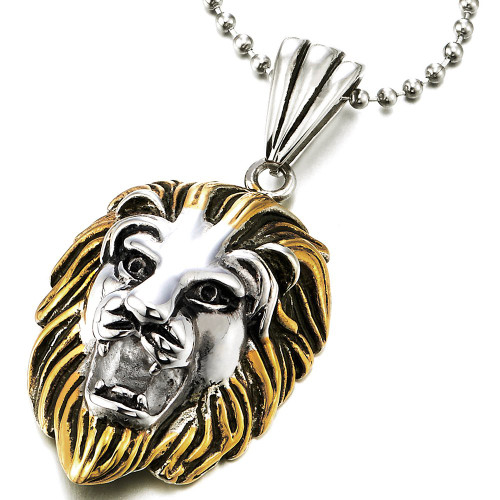 COOLSTEELANDBEYOND Stainless Steel Mens Gold Silver Lion Head Pendant Necklace with 30 inches Steel Wheat Chain