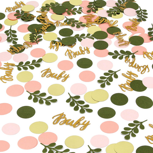 350 Pcs Greenery Baby Shower Confetti Scatter Decorations Eucalyptus Sage Olive Green Paper Table Confetti Greenery Round Pink Gold Girl Boy Confetti for Wedding Bridal Baby Shower Gender Reveal Decor