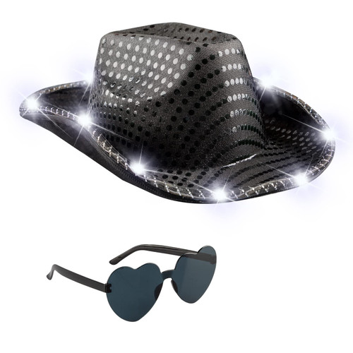 quescu Light Up Cowboy Hat for Women, Men,LED Cowgirl Hat,Sparkly Space Cowboy Hats for Party,Halloween Costume Dress Up (Black)