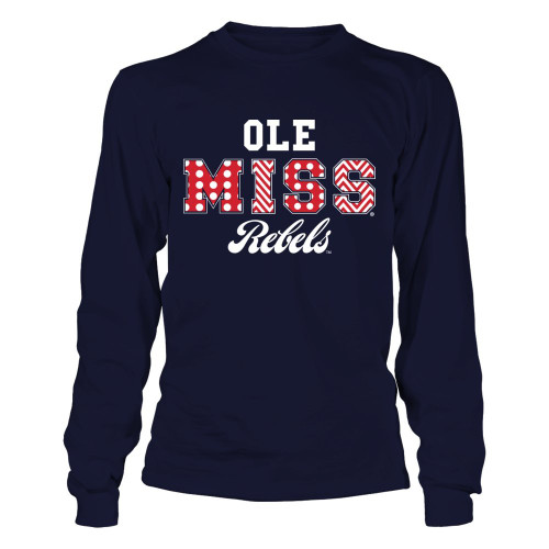 FanPrint Ole Miss Rebels T-Shirt - Patterned Letters - Longsleeve Tee/Navy/L