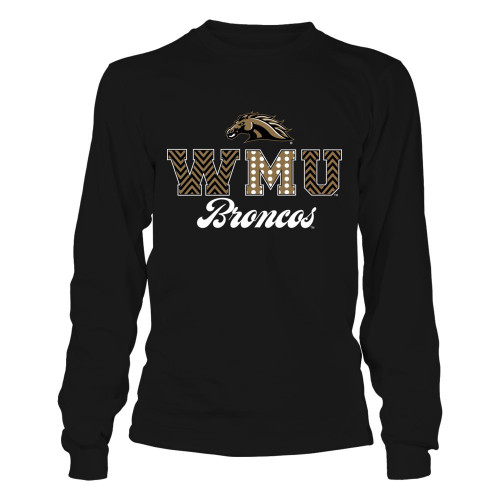 FanPrint Western Michigan Broncos T-Shirt - Patterned Letters - Longsleeve Tee/Black/S