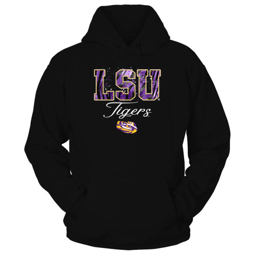 FanPrint LSU Tigers Hoodie - Color Drop Tiger Stripe Patterned Letters - Gold Shirt - If-Ic78-Ds37 - Hoodie/Black/XL