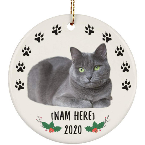 Lovesout Funny Personalized Name Russian Blue Cat Blue Paws Print Frame Gifts 2023 Christmas Tree Ornaments Circle