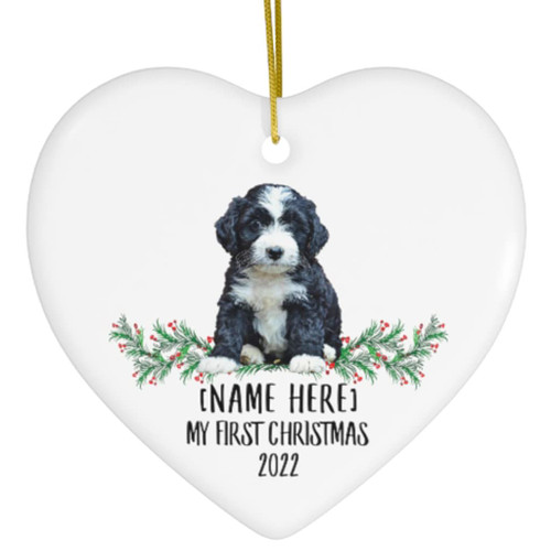 Personalized Name Custom Year Bernedoodle Puppy Blue White New Years 2024 Decorations Gifts First 2023 Christmas Tree Ornaments Ceramic Heart