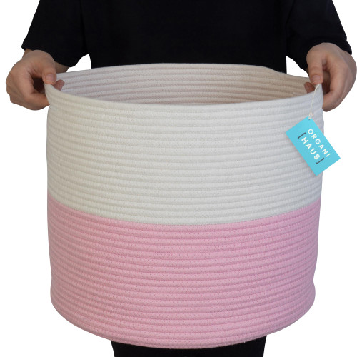 OrganiHaus Pink Basket for Laundry 16x14 | Toy Basket for Baby | Cotton Rope Nursery Hamper | Blanket Basket for Living Room | Large Storage Baskets for Organizing | Decorative Round Woven Basket