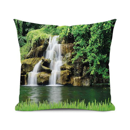 SARNFANS Waterfall Cushion Cover Throw Pillows for Couch & Farmhouse Bedroom Decor,Natural Lake Garden Print,Print Decorative Square Home Accent Pillow Case,White Green 16x16 inch