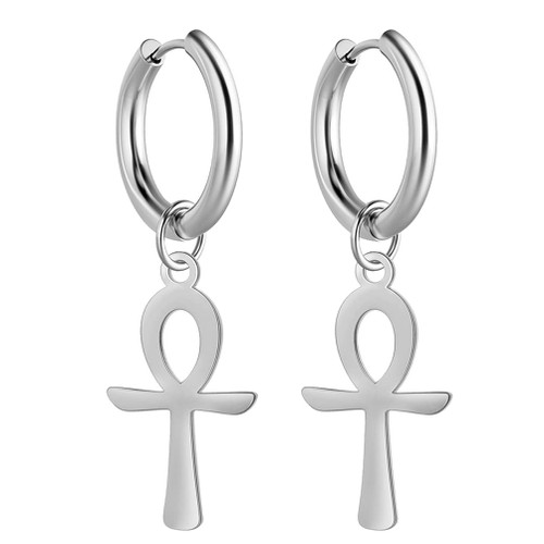 Ankh Cross Earrings For Women Men Stainless Steel Ancient Egyptian Symbol Gods Of Ankh Cross Dangle Hoop Earrings Charm Amulet Jewelry (silver)