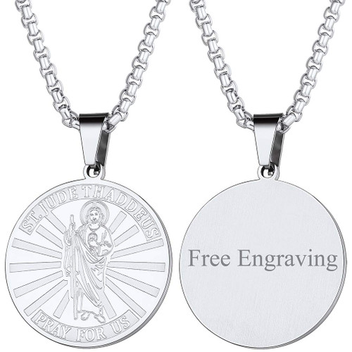FaithHeart Personalized Saint Jude Thaddaeus Necklace, Stainless Steel Round Patron Judas Lebbeus Medal Jewelry Traveler Medallion Blessings Neck Chain-Silver