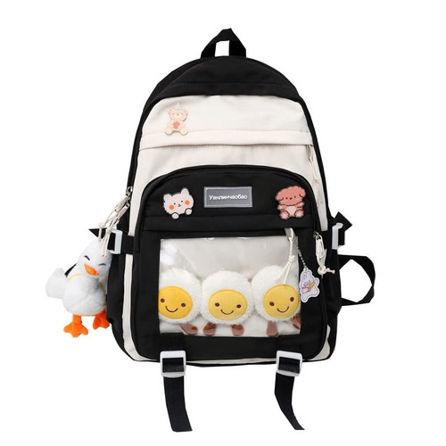 HACODAN Kawaii Backpack Ita Bag Lovely Pin Bag Japanese Aesthetic with Cute Pendant and Pins for Girls High School Book Bags for School (Black)