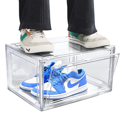 EDS FAM Shoe Boxes Crates Clear Plastic Stackable Acrylic with Magnetic Door Storage for Sneakerheads Boot Display Case