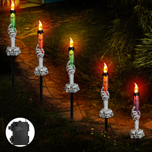 YBB 5 Pack Skeleton Ghost Hands Candle Stake Lights, LED Skull Garden Lawn Yard Pathway Landscape Lights Battery Operated for Halloween Outdoor Decoration