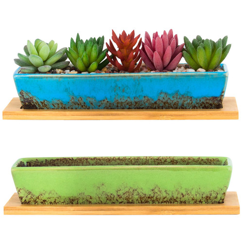 Succulent Pots - 2 Pack Large Succulent Planters with Drainage Tray, 9.8 Inch Long Rectangular Planters for Indoor Plants Shallow Window Planters Ceramic Cactus Flower Plant Container for Garden