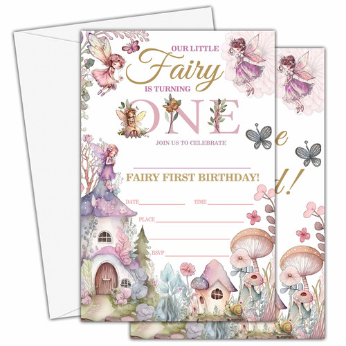 Byowiv Fairy 1st Birthday Invitations, 20 Magical Garden Princess Style Invite Cards with Envelopes, Birthday Party Celebration Supplies-A03