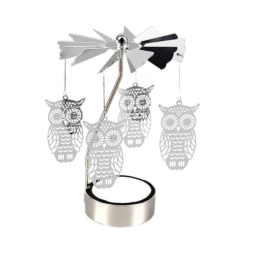 Spinning Tea Light Candle Holder, Silver Owl Candle Spinner, Metal Rotating Decor, Rotary Tealight Display Rotating Tea Light Candle Holder for Table Centerpiece, Christmas Decor, Gift