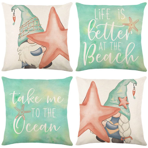 Sea Throw Pillow Covers 18 x 18 Inch Set of 4 Coastal Ocean Starfish Gnome Decorative Pillow Cases Cushion Covers Ocean Theme Pillow Cover for Sofa Couch Bedroom Home Decor