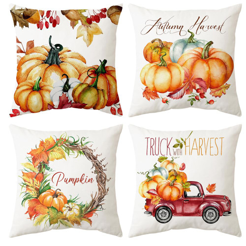 Fall Throw Pillow Covers 18x18 Set of 4, Thanksgiving Pillow Covers Pumpkin Maple Leaves Flowers Autumn Throw Pillowcase Farmhouse Decorative Happy Thanksgiving Autumn Cushion Case for Sofa