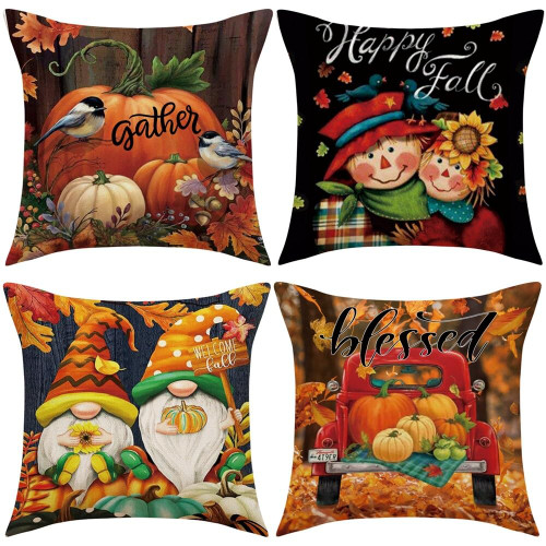 Hpory 4Pcs Fall Throw Pillow Covers 18x18, Thanksgiving Pillow Covers Pumpkin Maple Leaves Truck Gnome Autumn Throw Pillowcase Farmhouse Decorative Thanksgiving Autumn Rustic Cushion Case for Sofa