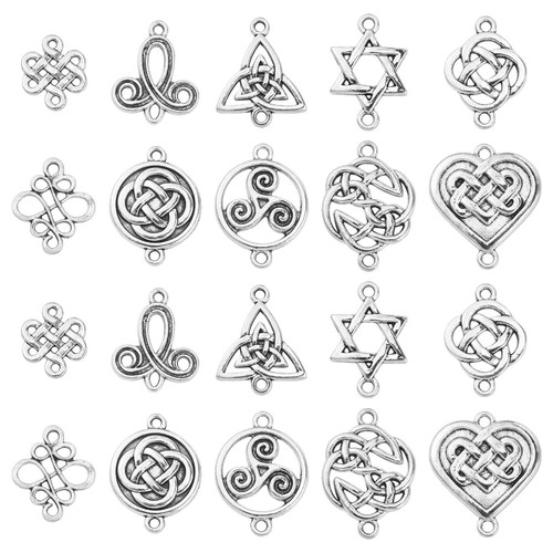 KitBeads 100pcs Mixed Styles Trinity Knot Charms Tibetan Wiccan Flower Connector Charms Antique Silver Celtic Knot Charms for Jewelry Making Bulk