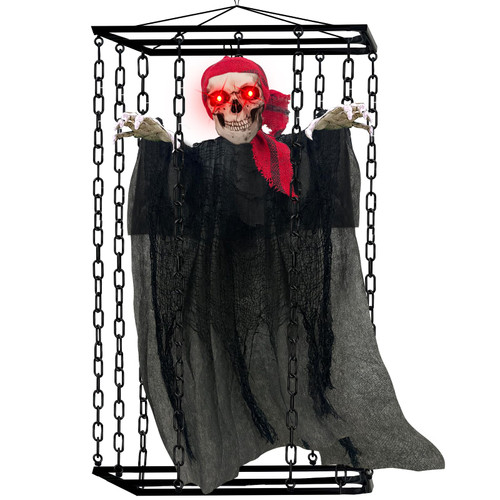 [ Sound Activated ] Halloween Decorations Outdoor, Scary Animatronics Halloween Prop Skeleton Pirate Ghost with Lighted Eyes & Creepy Laughter, Detachable Hanging Prisoner Cage Decor Haunted House