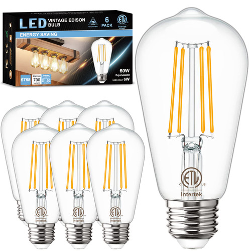 LED Edison Bulbs Vintage 2700K Warm White, 6W E26 LED bulb 60 watt Equivalent, Golspark Antique ST58 Clear Light Bulbs with Led Filament, E26 Standard Base Type A Light Bulb, 700LM Non-dimmable 6 Pack