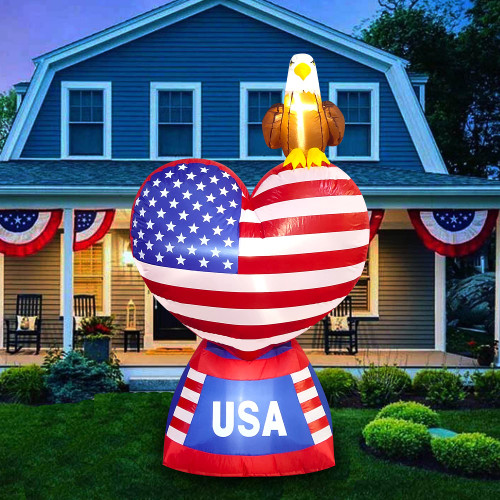 LAUJOY 5 Foot Patriotic Independence Day 4th of July Inflatable Love Heart American Flag Bald Eagle Blow Up Lighted Decor Parade Indoor Outdoor Holiday Garden Yard Decorations