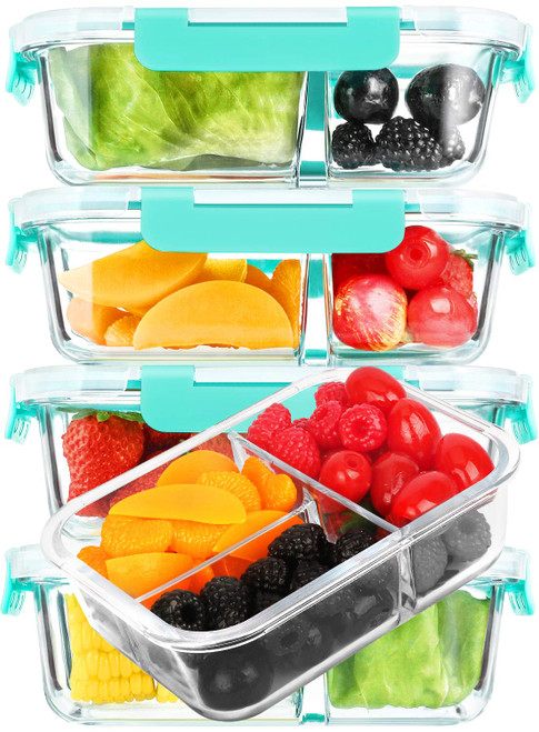 [5-Pack, 36 oz]Glass Meal Prep Containers 3 Compartment with Lids, Glass Lunch Containers,Food Prep Lunch Box,Bento Box,BPA-Free, Microwave, Oven, Freezer, Dishwasher (4.5 Cups, Green)