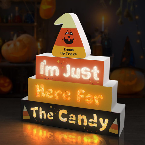 SURCVIO [Light up] Halloween Wooden Block Sign Decor Table Mantle Wood Signs with Led Lights Halloween Decorations for Indoor Home Farmhouse Tabletop Tiered Tray Decor