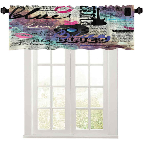 LIGUTARS Short Straight Drape Valance, 42" W x 18" L Blues Music Genre Old Record Electric Guitars Kiss Inscriptions Grunge Curtain Valance Window Treatment for Living Room Multicolor