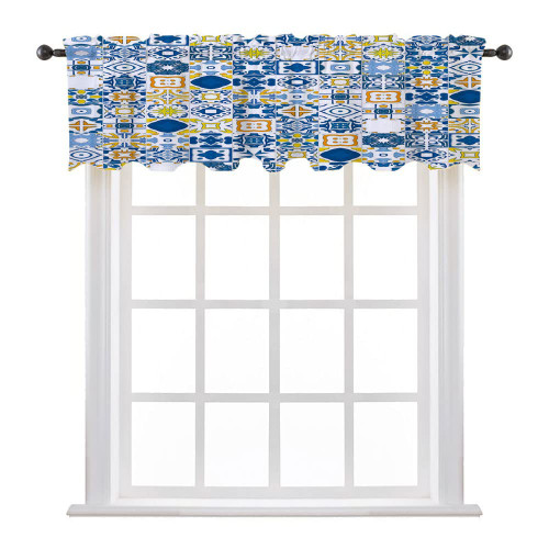 LIGUTARS Valance, Yellow and Blue Window Curtain, Mosaic Portuguese Azulejo Mediterranean Arabesque Effect, 60" W x 18" L, Bedroom Bathroom Living Room Dining Room, Violet Blue Mustard White