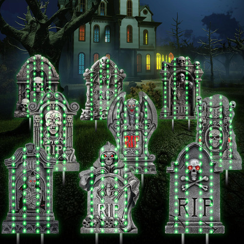 Kigley 9 Styles Halloween Tombstone Yard Stakes Signs Graveyard Tombstones Yard Signs Corrugated Rip Tombstones Halloween Sign with Stakes Signs for Halloween Props Lawn Decorations (Lighted)
