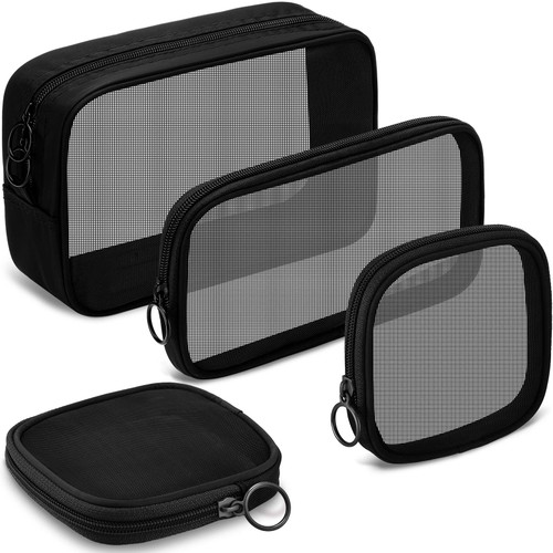 Weewooday 4 Pcs Mesh Makeup Bag Mesh Cosmetic Bag Travel Toiletry Bag with Zipper Mini Makeup Cosmetic Travel Toiletry Purse Bag for Daily Toiletries Accessories(Black, Small, Large, Medium)