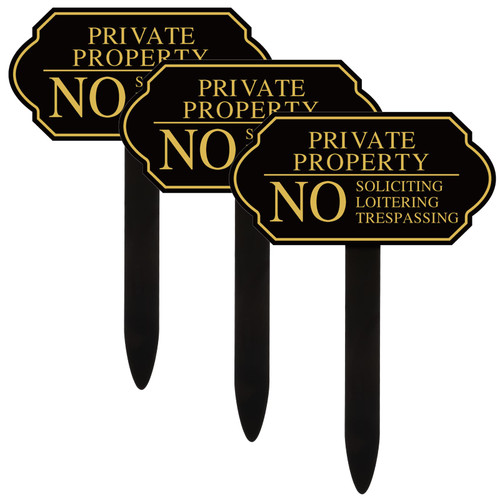 Private Property No Trespassing for House Yard No Soliciting No Loitering Signs with Stake, 7.09 x 3.54 Inch Self Adhesive Yard Warning Signs for House Outdoor Business (3 Pack)