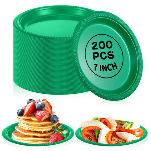 200 Pcs Plastic Plates Disposable Plates, 7 Inch Round Dessert Plates Heavy Duty Wedding Plates Cake Plates Bulk for Birthday Party Dinner Travel Picnic, Appetizer Plates Party Supplies (Green)