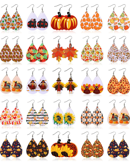 25 Pairs Thanksgiving Fall Faux Leather Earrings Pumpkin Maple Leaf Sunflower Teardrop Dangle Earrings Autumn Jewelry Accessories for Women Girls Gift 25 Pairs Thanksgiving Fall Faux Leather Earrings Pumpkin Maple Leaf Sunflower Teardrop Dangle Earrings Autumn Jewelry Accessories for Women Girls Gift