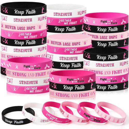 Yaomiao 96 Pieces Breast Cancer Awareness Bracelets Breast Cancer Silicone Wristbands Pink Ribbon Bracelets for Strength Hope Faith Courage Party Wristband Supplies