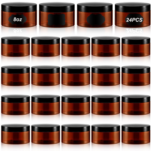 Dandat 24 Pcs 8 oz PET Plastic Cosmetic Containers Leak Proof Empty Cosmetic Jars with Lid and Label Refillable Storage Travel Jars for Lotion Cream Gel Powder Ointment (Amber)