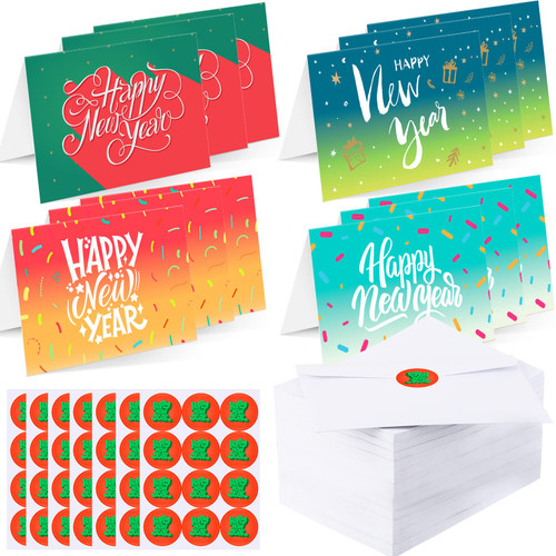 100 Set Happy New Year Cards Bulk 2023 New Years Greeting Card Set Assorted Happy Holidays Cards New Year Cards with 100 Envelopes and 100 Stickers for Rosh Hashana Harvest Festival