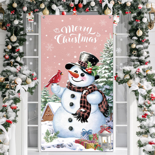 Christmas Snowman Door Cover Merry Christmas Door Decorations Winter Snowman Backdrop Background Banner for Front Door Porch Xmas Party Decor Supplies (Pink)