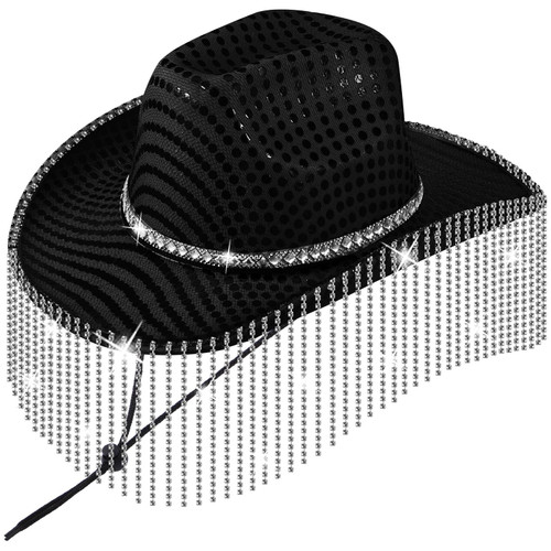 Toulite Western Rhinestone Glitter Cowboy Hat for Women Cowgirl Hat Bling Sequin Fringe Sparkly Hats for Bride Party Costume (Black,Sequin)