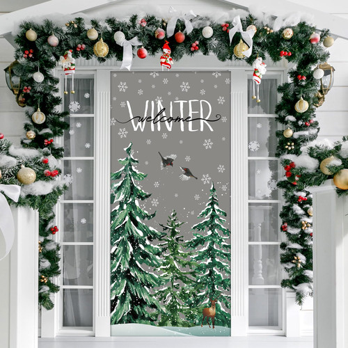 Buryeah Christmas Door Cover Front Door Banner Backdrop Merry Christmas Tree Door Decor Xmas Festival Holiday Fabric Backdrop Door Cover for Outdoor Party Supplies, 70.9 x 35.4 Inch(Winter)