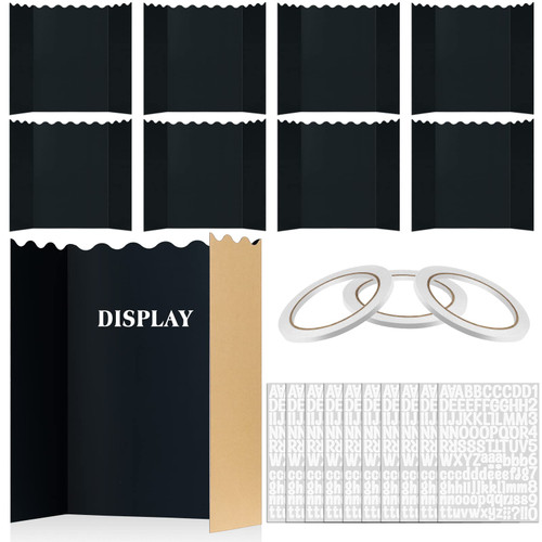 10 Pack Presentation Board Trifold Poster Board Tri Fold Display Board Foldable Project Paperboard with 10 Sheets Letter Sticker 3 Rolls of Double Sides Adhesive Tape (Black,16 x 24 Inch)