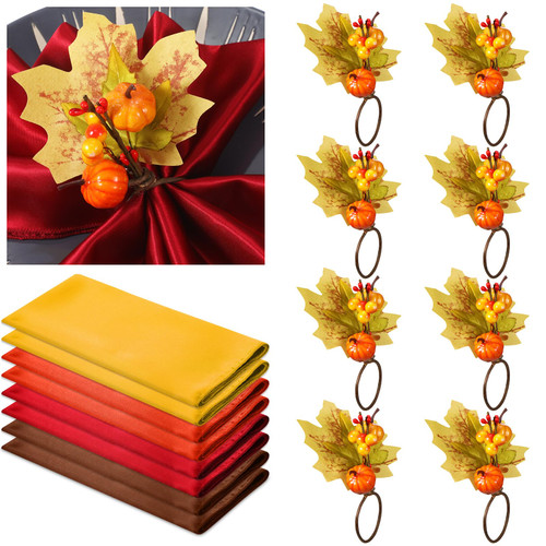 Suttmin 8 Sets Fall Thanksgiving Cloth Napkins and Napkin Ring Holders Reusable 8 Pcs Pumpkin Maple Leaf Napkin Ring Holders with 8 Pcs Fall Cloth Napkins for Party Table Decoration (Harvest)