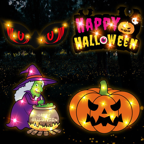 VIHOSE Light up Halloween Window Decorations Lighted Window Silhouette Holiday Display Happy Halloween Witch Eye Jack O' Lantern Pumpkin Window Light for Outdoor Indoor Holiday Hanging Wall Decor