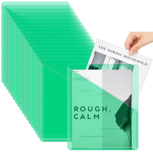 Seajan 48 Pcs Poly Translucent Slash File Jacket Binder Organizer Pockets 3 Hole Punch Binder Folders 3 Ring Binder Plastic Sleeves for Paper Document (Green)