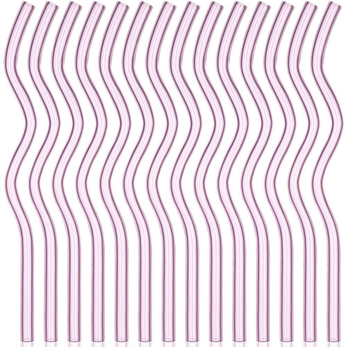 14 Pieces 8 x 200 mm Wavy High Borosilicate Transparent Glass Straws Cute Colored Glass Straws Fun Clear Hard Reusable Straws for Beverages, Coffee, Milk, Tea Straws Kids (Pink)