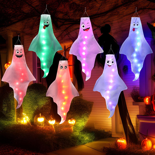 Fiada 6 Pieces 43 Inch Lighted Halloween Ghost Windsocks Decorations Outdoor Ghost Hat Windsock LED Hanging Decor Halloween Wind Sock for Yard Tree Party Ornaments, No Batteries (Cute Ghost)