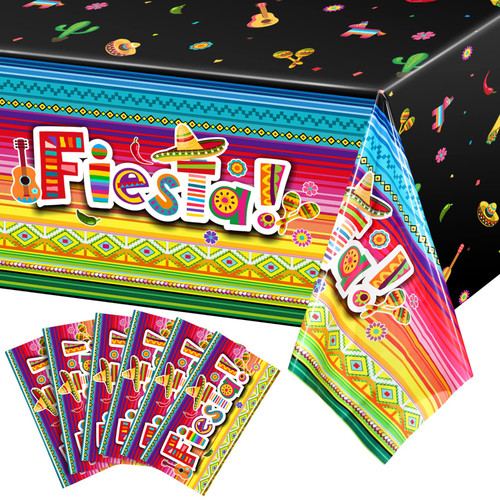 Oudain 6 Pieces Fiesta Theme Party Tablecloth Cinco De Mayo Party Table Covers Mexican Serape Table Runner Cloth Fiesta Birthday Party Supplies for Mexican Fiesta Party Wedding Decoration 108 x 54 in