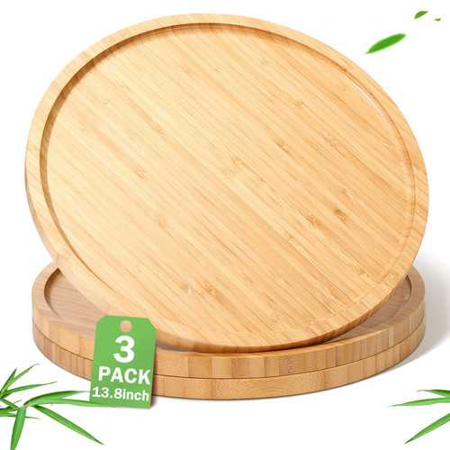 3 Pcs Bamboo Serving Tray Round Bamboo Tray Round Wood Plates Wooden Serving Platter Charcuterie Serving Board with Rim for Kitchen Counter Home Dinning Coffee Table Fruit Bread Plant Pot (13.8 Inch)